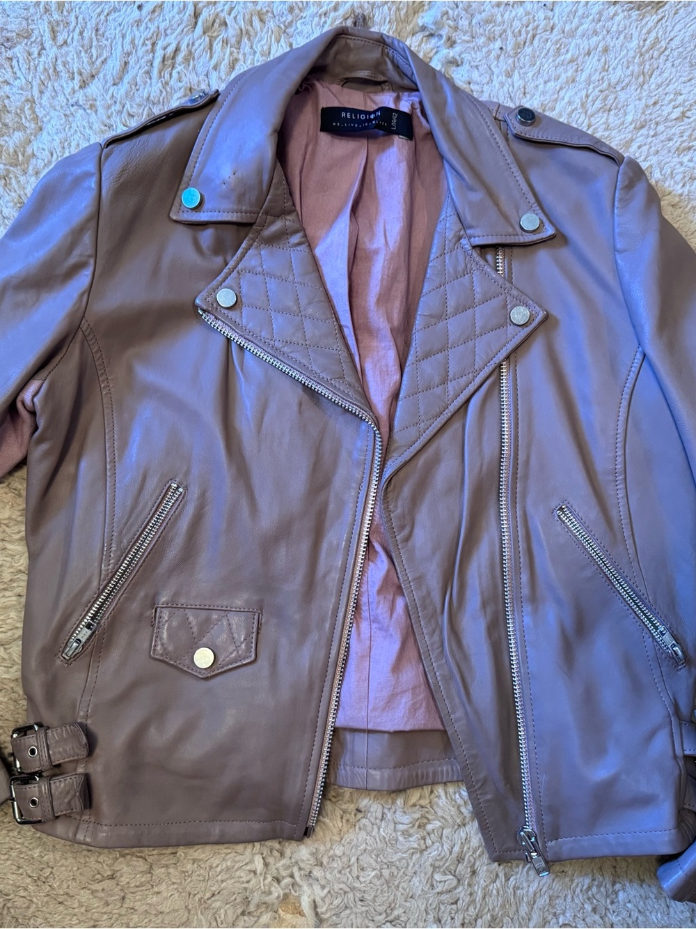 Religion Women’s Mauve Leather Moto Jacket Large Indie Sleaze Vanderpump